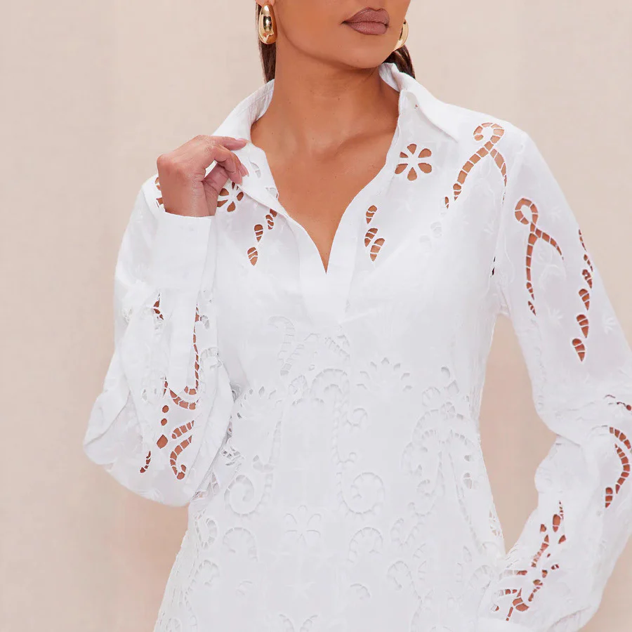 Damen Elegantes Hemdblusenkleid mit raffinierter Lochstickerei und langem Ärmel R&B - Image 5
