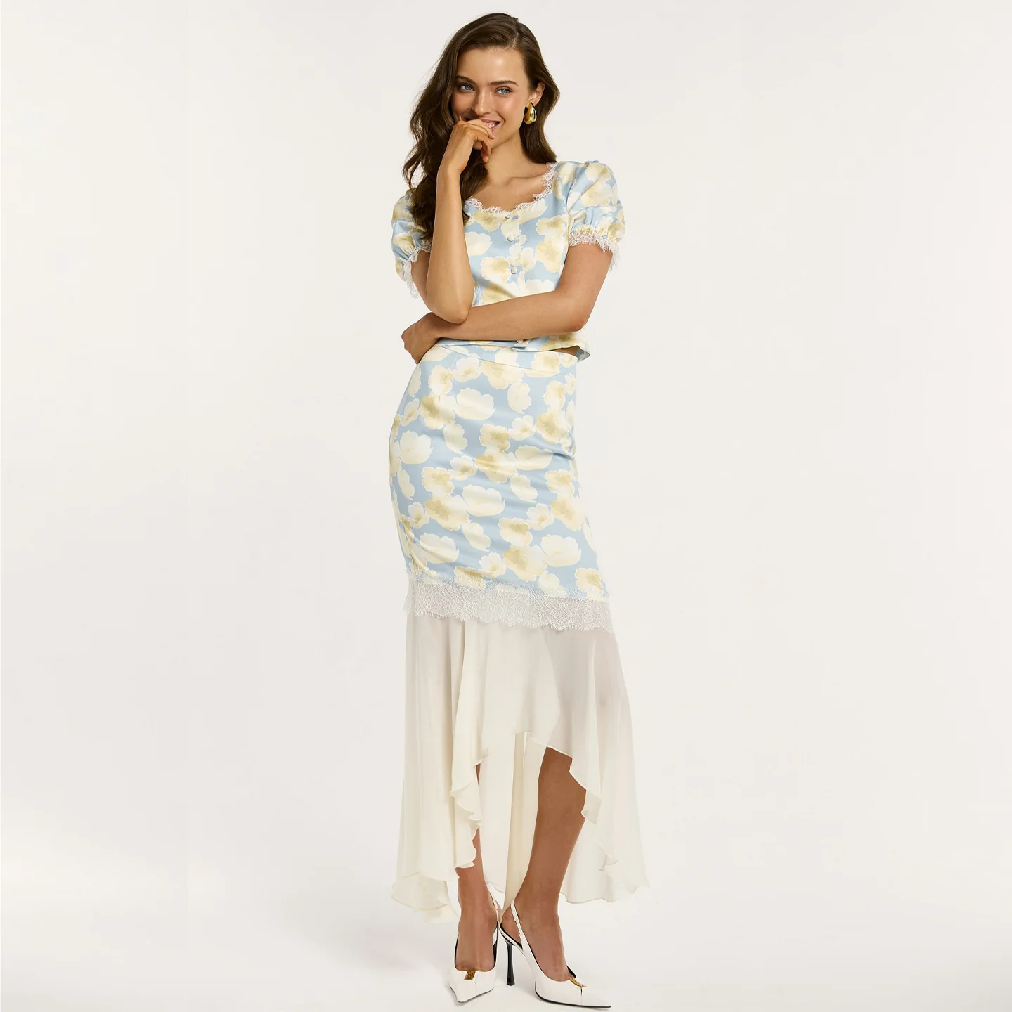 Damen elegantes Kleid mit asymmetrischem Saum und floralem Muster R&B