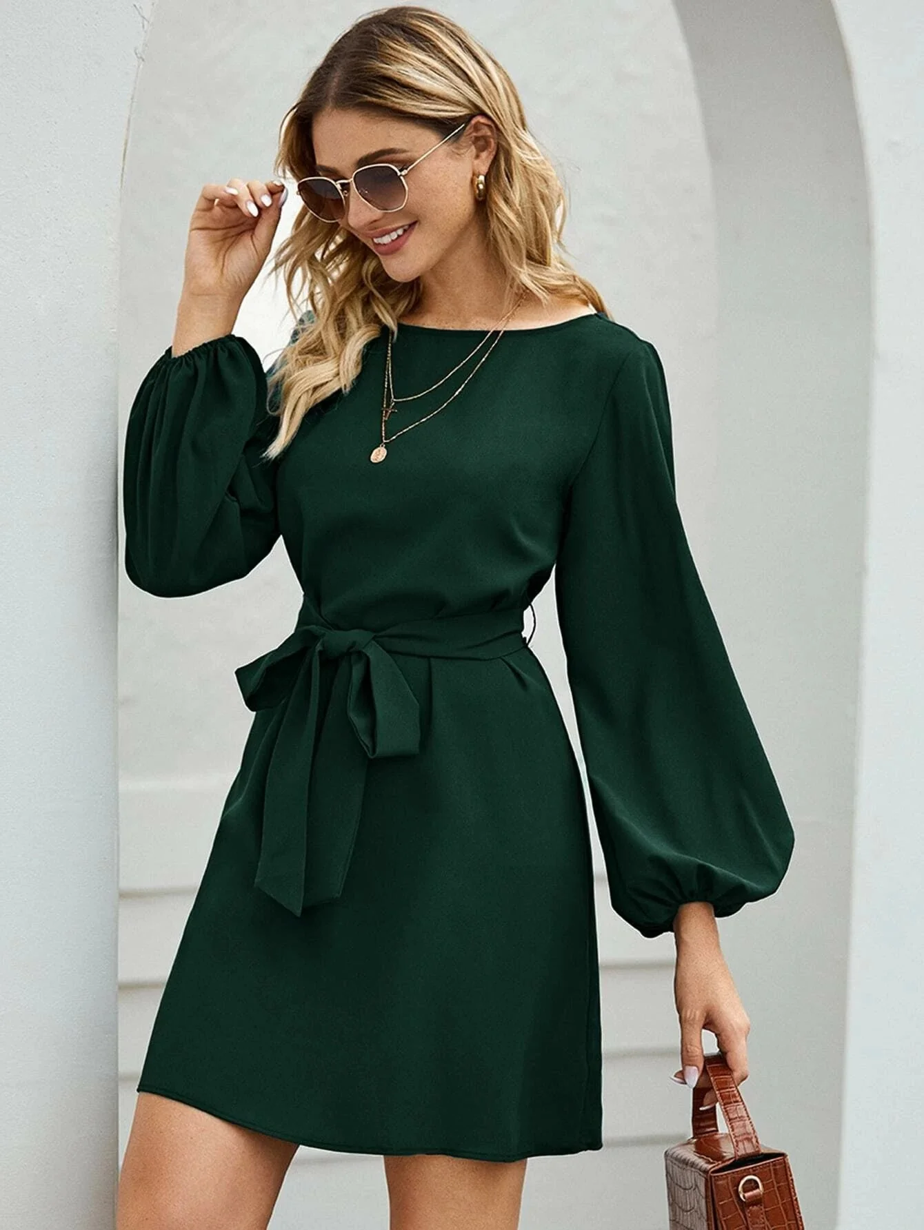 Damen Elegantes Kleid mit Ballonärmeln und Taillengürtel R&B - Image 6