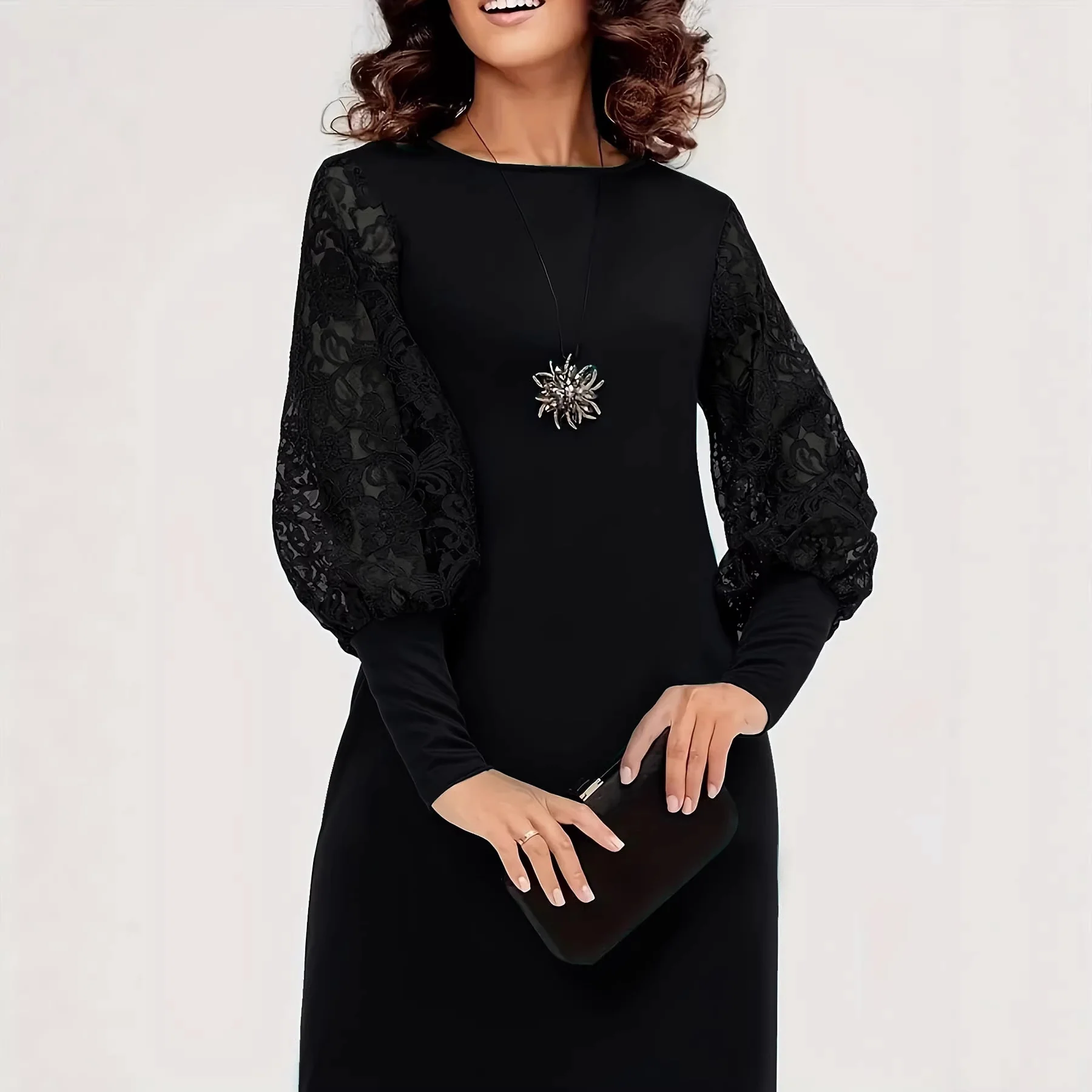 Damen elegantes Kleid mit Spitzenärmeln und tailliertem Schnitt R&B - Image 2