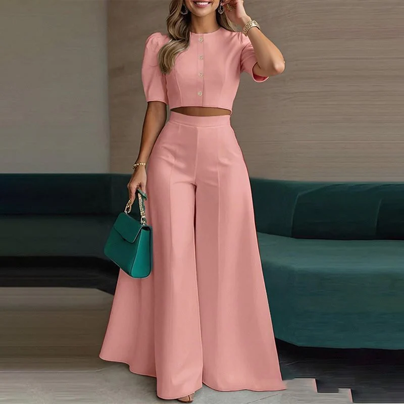 Damen elegantes kurzes Oberteil mit Puffärmeln und hochgeschnittenen Palazzo-Hosen R&B - Image 12