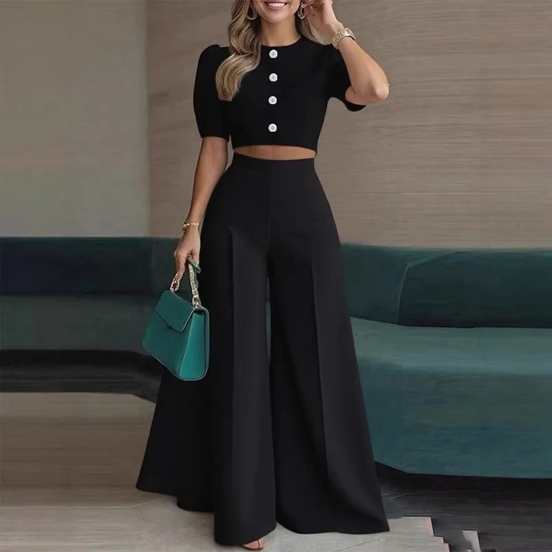 Damen elegantes kurzes Oberteil mit Puffärmeln und hochgeschnittenen Palazzo-Hosen R&B - Image 4