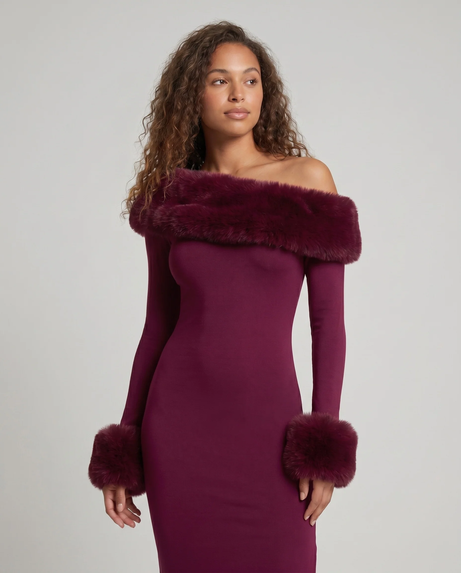 Damen Elegantes Langarm-Maxikleid mit abnehmbarem Pelzbesatz R&B - Image 5