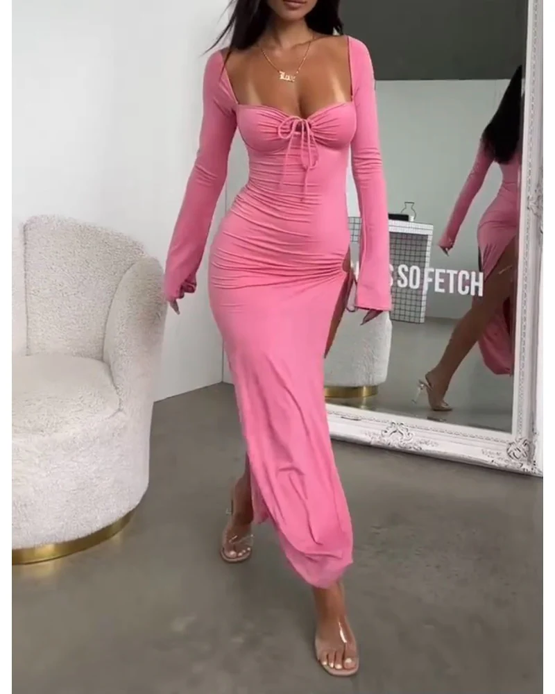 Damen Elegantes Langarm-Maxikleid mit raffinierten Rüschendetails und hohem Schlitz R&B - Image 4