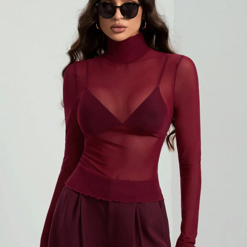 Damen Elegantes langärmliges transparentes Oberteil mit hohem Kragen R&B - Image 4