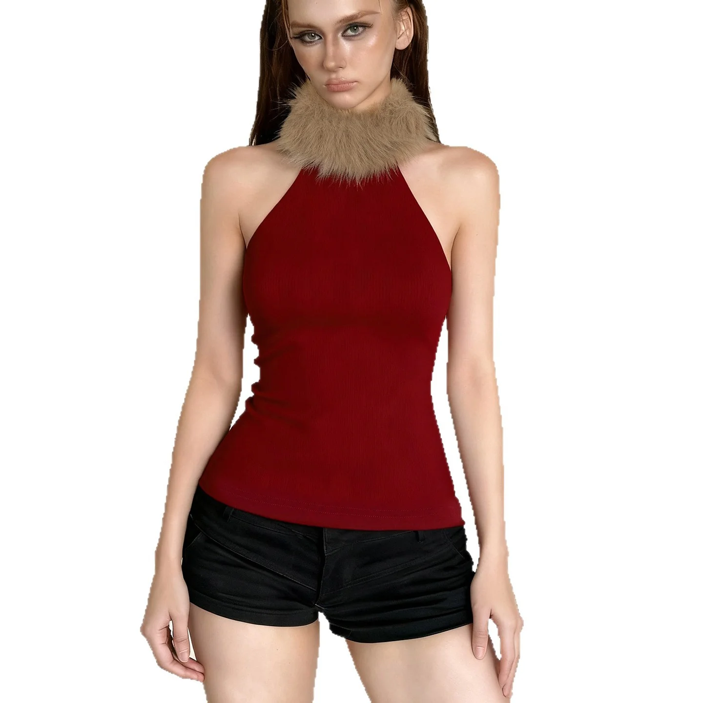 Damen elegantes langes Abendkleid mit raffiniertem Halter-Design und luxuriösem Kunstfellkragen R&B - Image 5