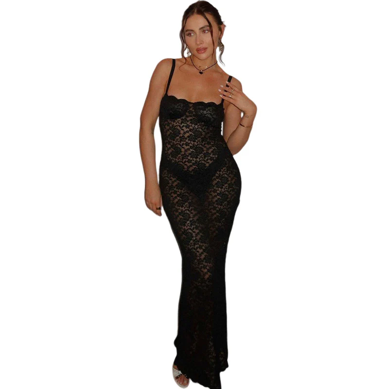 Damen Elegantes langes Spitzenkleid mit verführerischem Schlitz und Spaghettiträgern R&B - Image 5