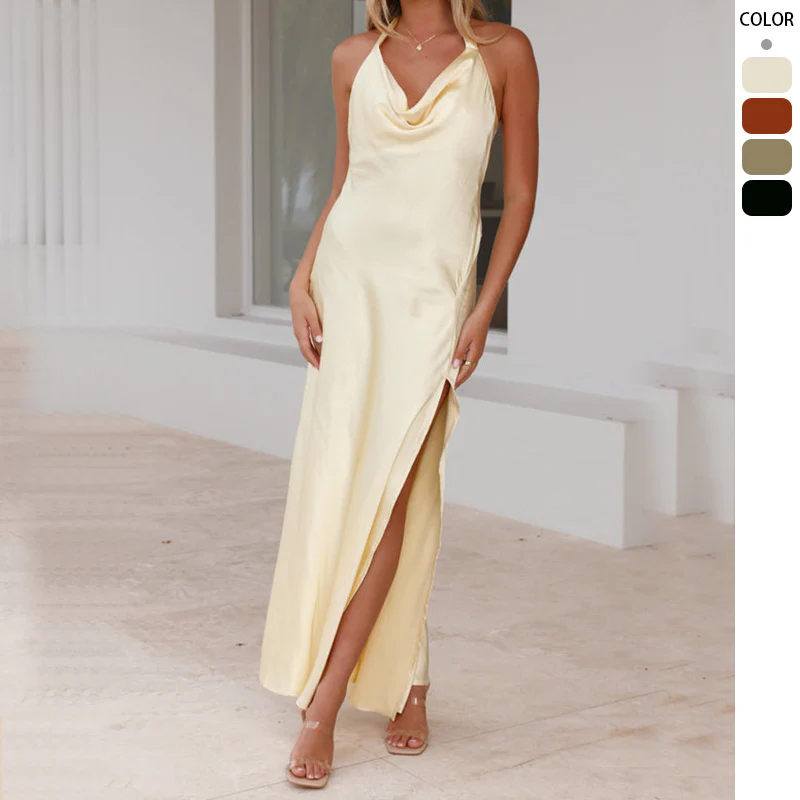 Damen Elegantes Langkleid mit schickem Wasserfall-Ausschnitt und hohem Schlitz R&B