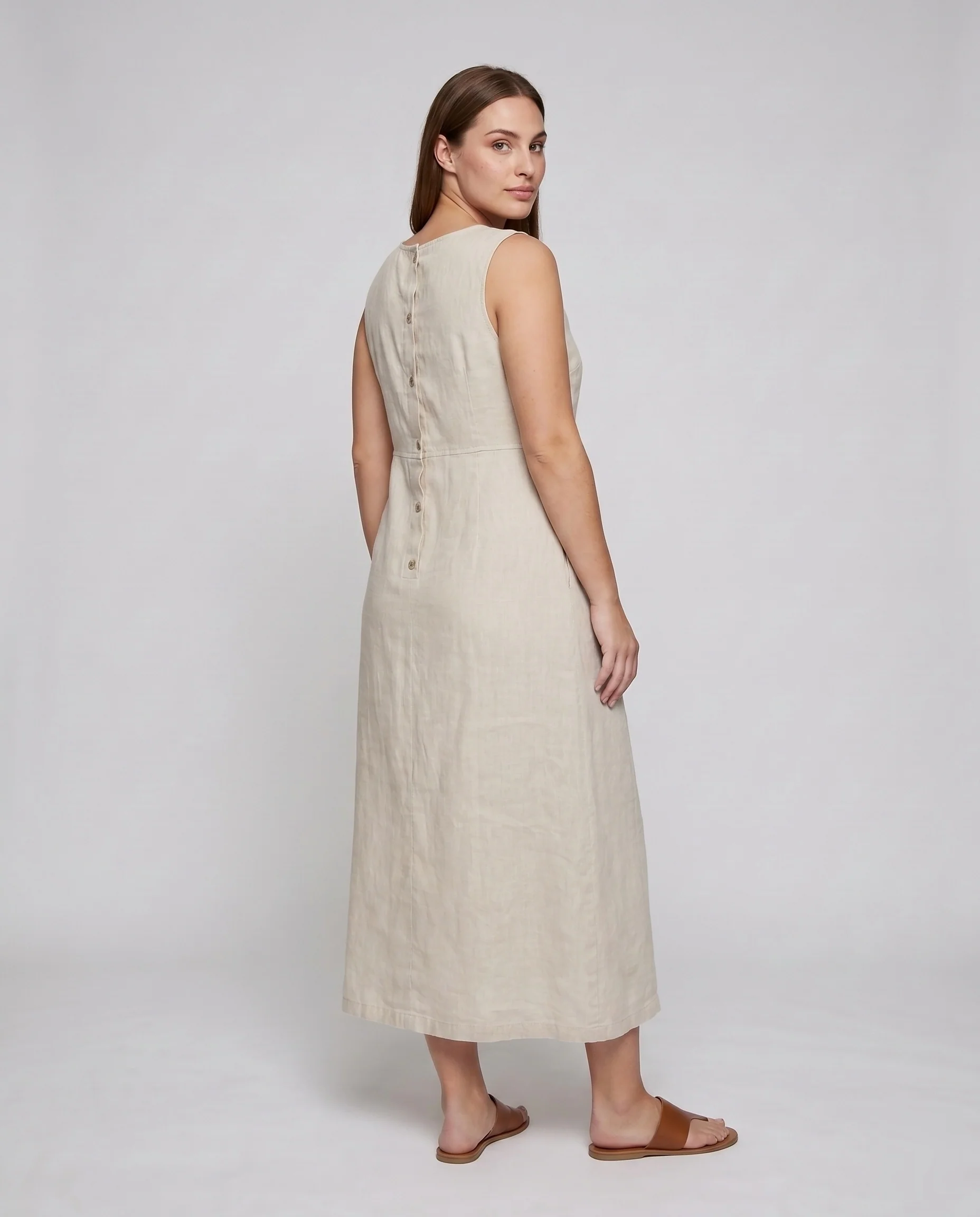 Damen elegantes Leinen-Midikleid mit schlichter A-Linie und Rundhalsausschnitt - Image 4