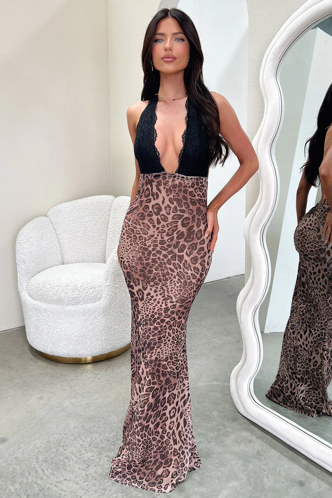 Damen Elegantes Leoparden-Maxi-Kleid mit tiefem V-Ausschnitt und raffinierten Spitzenbesätzen R&B - Image 6