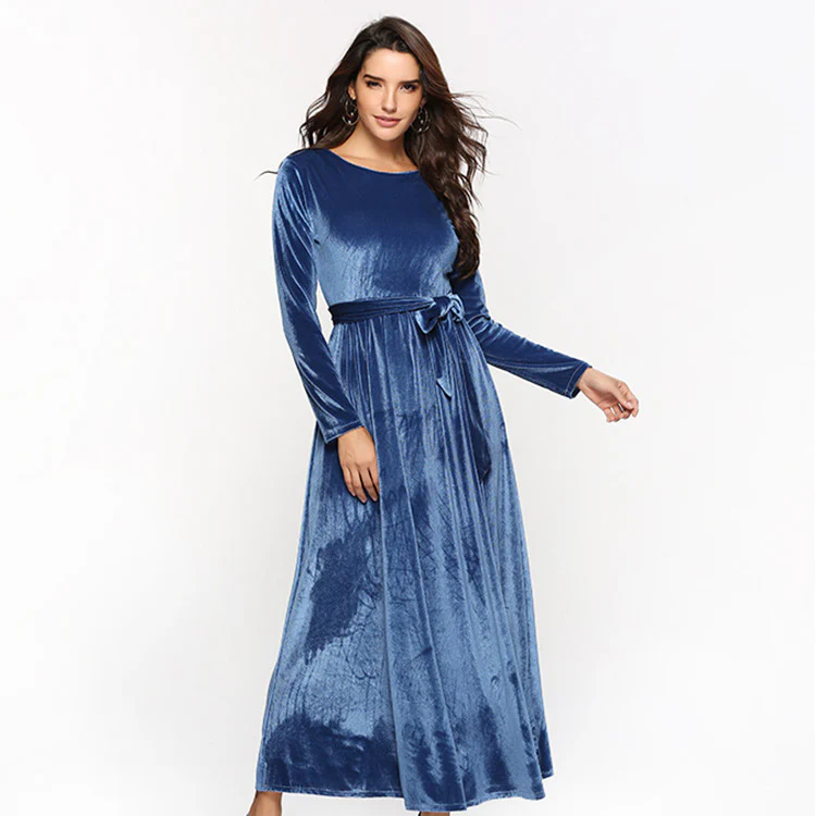 Damen elegantes Maxikleid aus weichem Samt mit Taillengurt R&B - Image 4