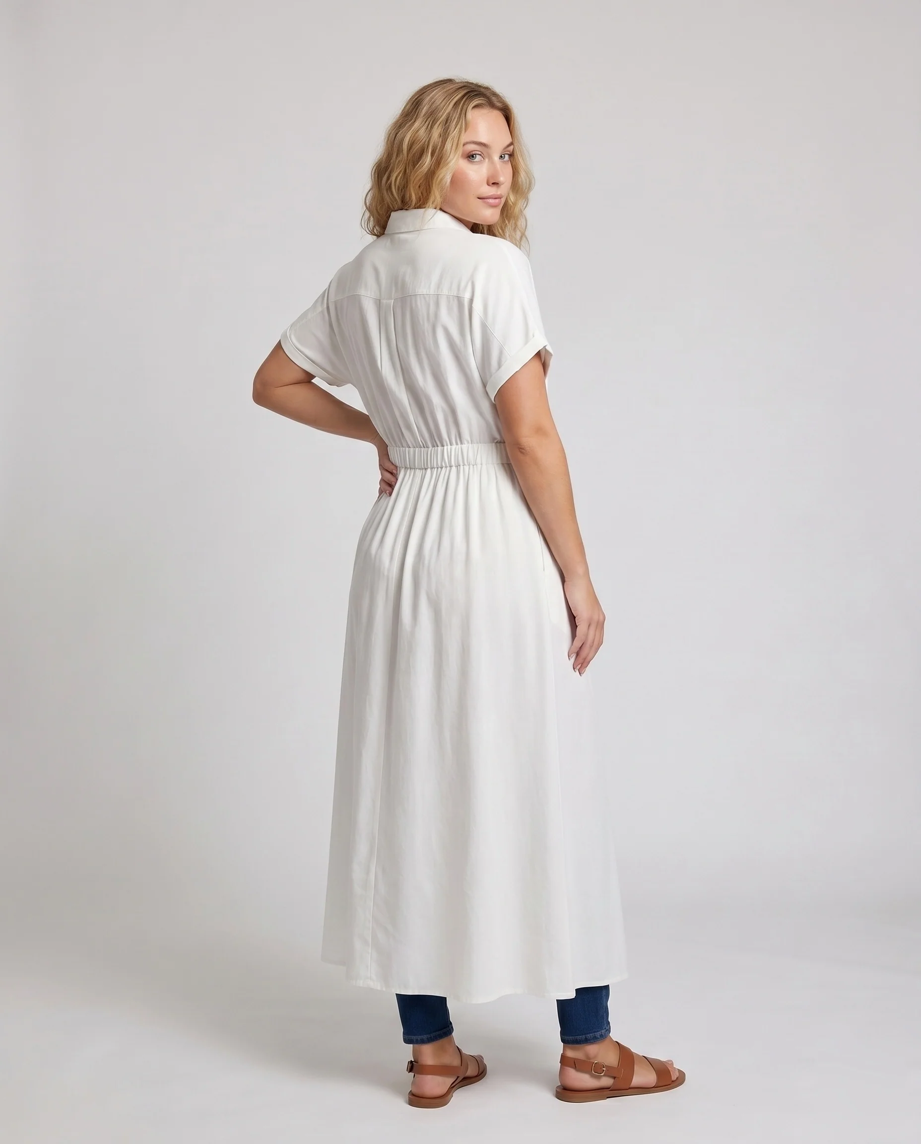Damen elegantes Maxikleid mit Binde-Gürtel und praktischen Taschen R&B - Image 4