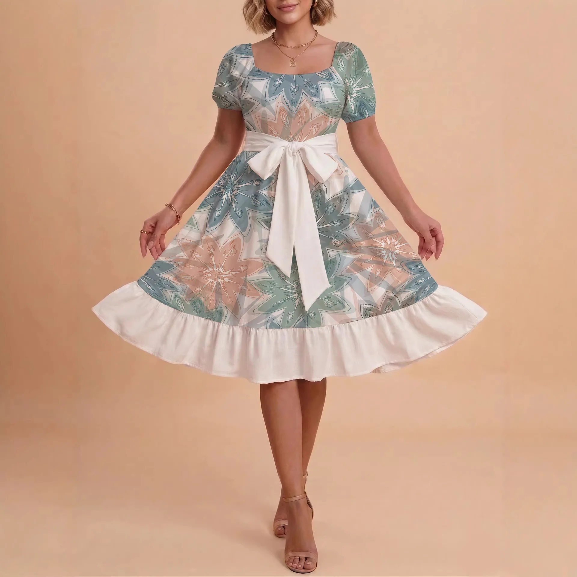Damen elegantes Maxikleid mit floralem Design und Taillengürtel R&B - Image 3