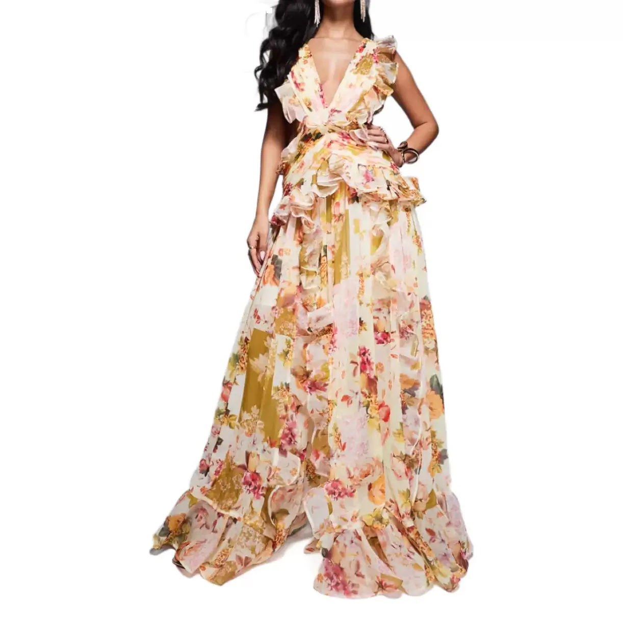 Damen Elegantes Maxikleid mit floralen Rüschen und tiefem V-Ausschnitt R&B - Image 5