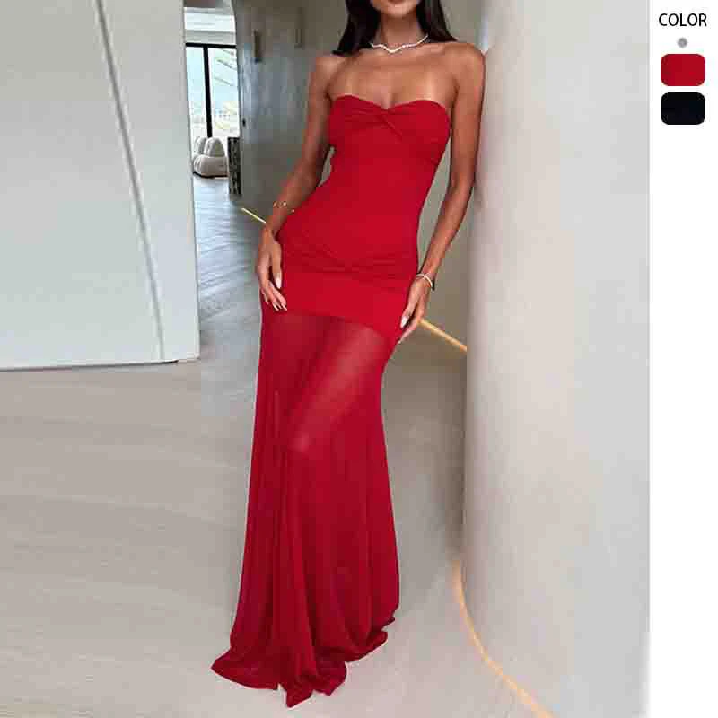 Damen Elegantes Maxikleid mit gerafftem Oberteil und schwingendem Rock R&B