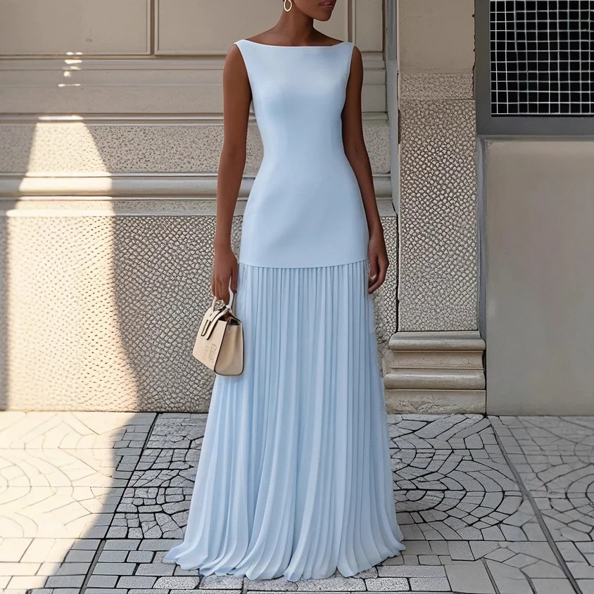 Damen Elegantes Maxikleid mit hoch geschnittenem Oberteil und plissiertem Rock R&B - Image 3