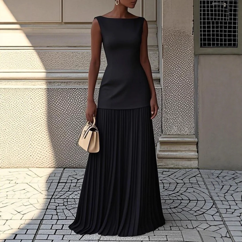 Damen Elegantes Maxikleid mit hoch geschnittenem Oberteil und plissiertem Rock R&B - Image 4