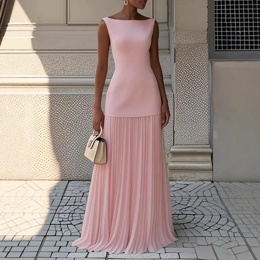 Damen Elegantes Maxikleid mit hoch geschnittenem Oberteil und plissiertem Rock R&B - Image 8