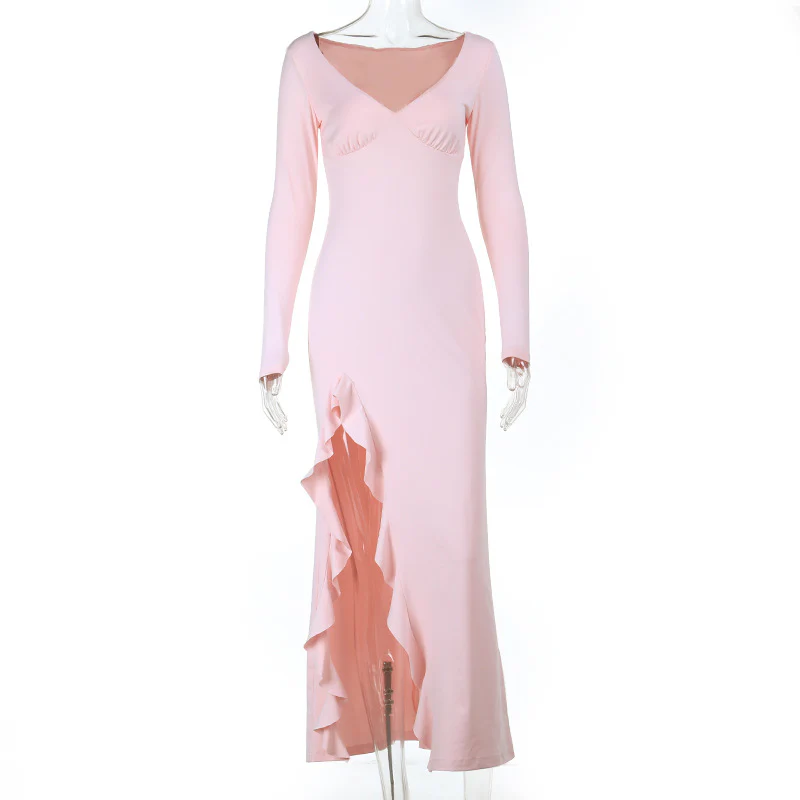 Damen elegantes Maxikleid mit Rüschen und tiefem Ausschnitt R&B - Image 6