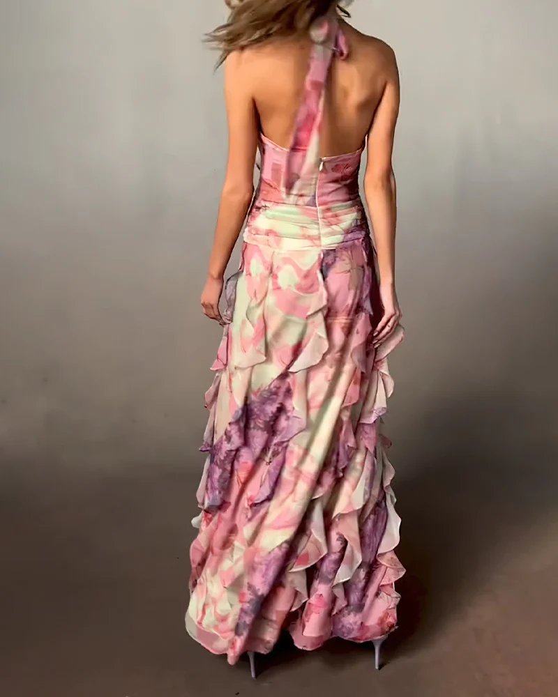 Damen Elegantes Maxikleid mit Rüschenschichten und tiefem V-Ausschnitt R&B - Image 3