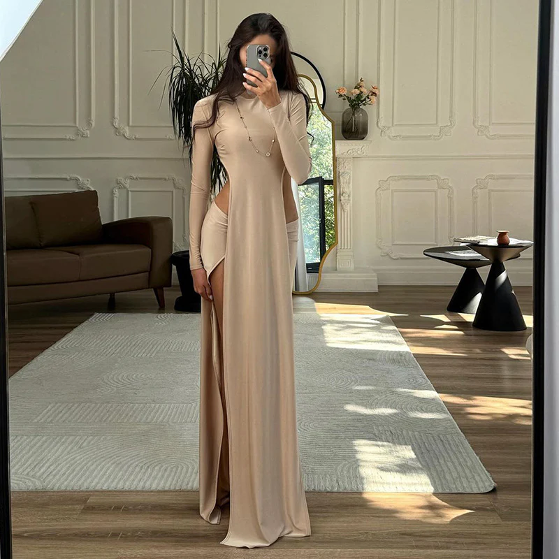 Damen Elegantes Maxikleid mit schmalem Schnitt und hohen Schlitzen R&B