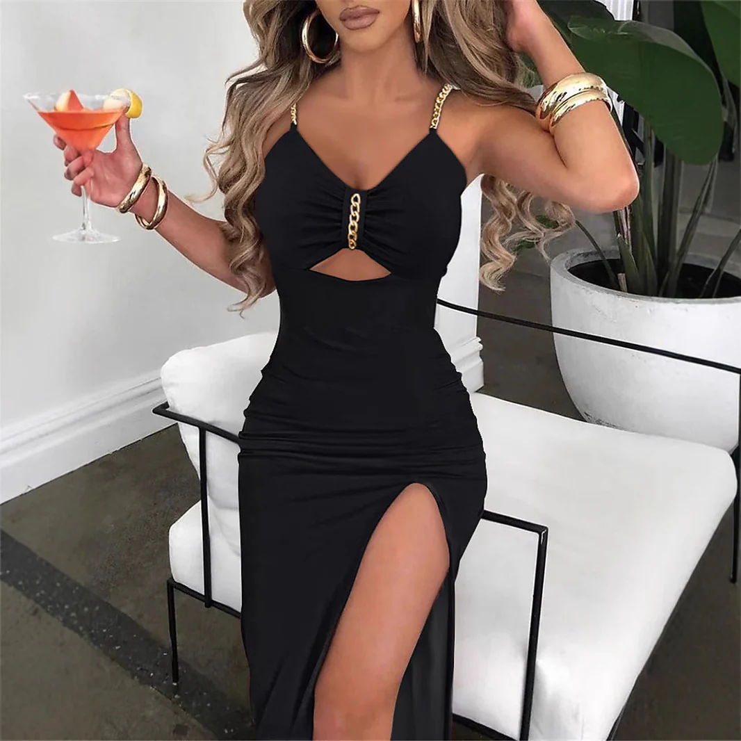 Damen Elegantes Maxikleid mit seitlichem Schlitz und dekorativem Kettendetail R&B