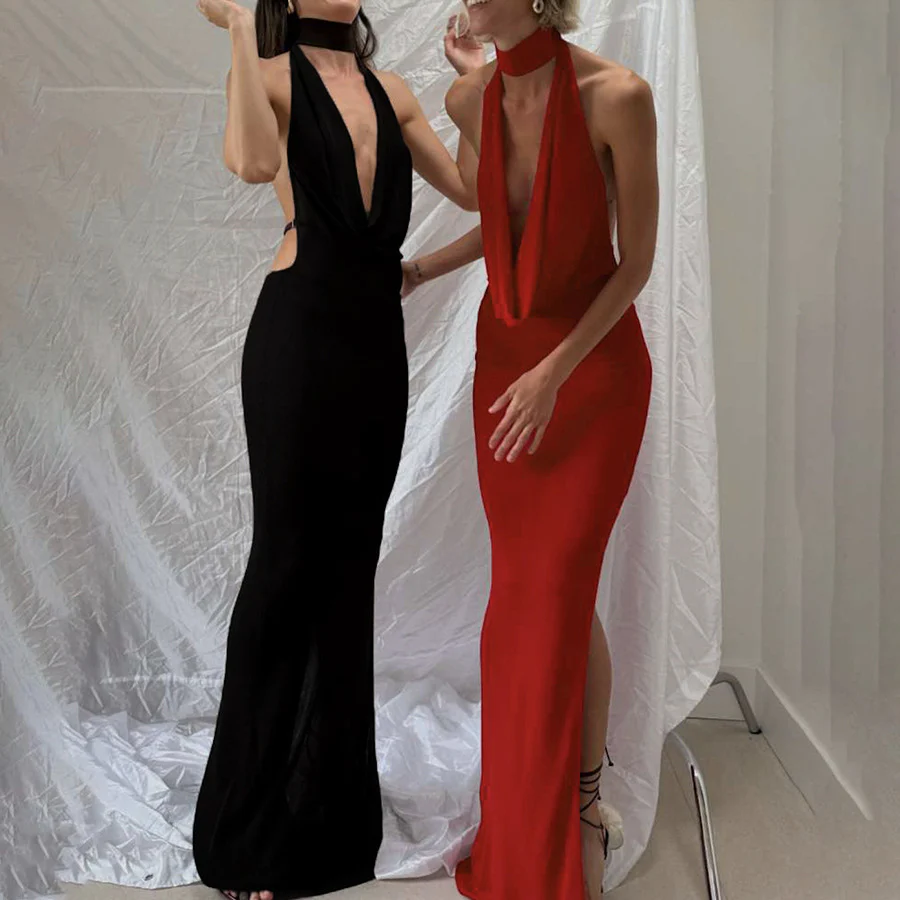 Damen Elegantes Maxikleid mit tiefem V-Ausschnitt und seitlichen Cut-Outs R&B