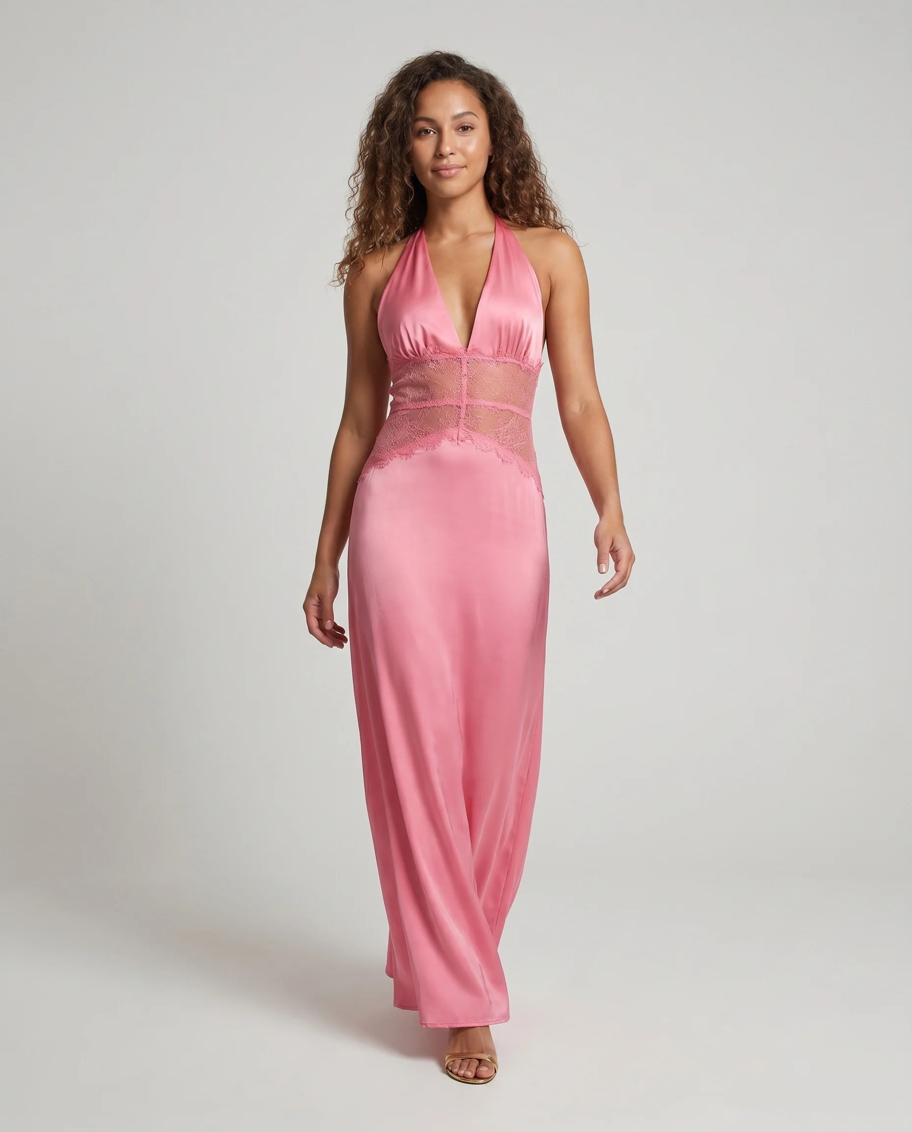 Damen Elegantes Maxikleid mit tiefem V-Ausschnitt und Spitzeneinsätzen R&B