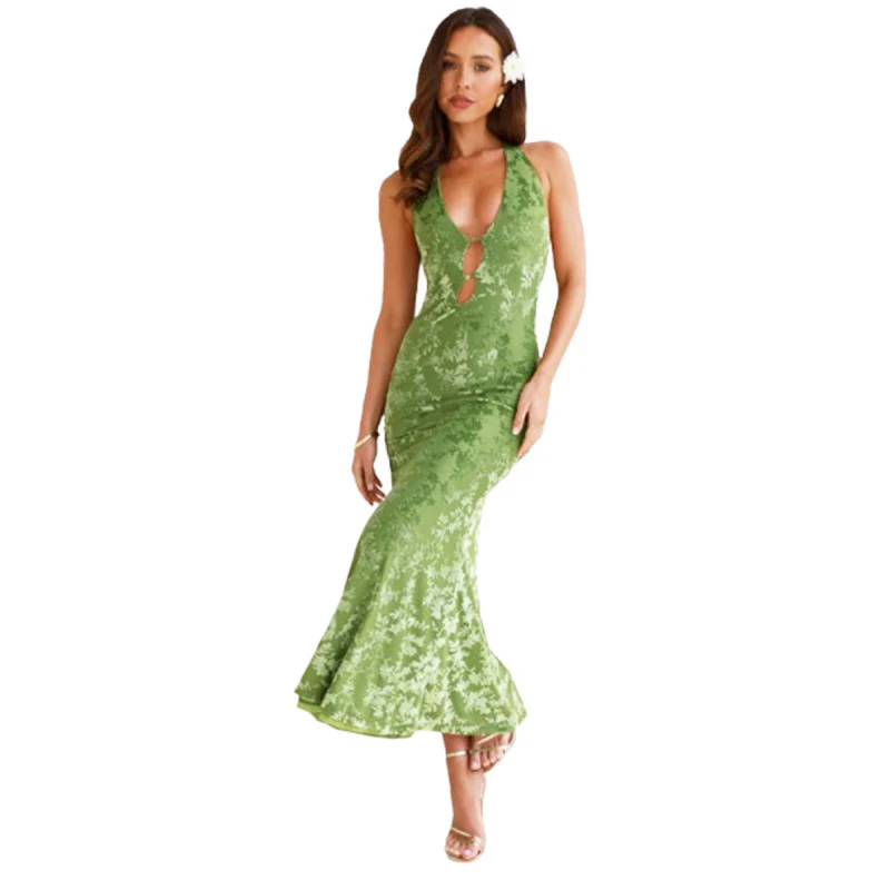 Damen elegantes Maxikleid mit tiefem V-Ausschnitt und transparentem Design R&B - Image 5