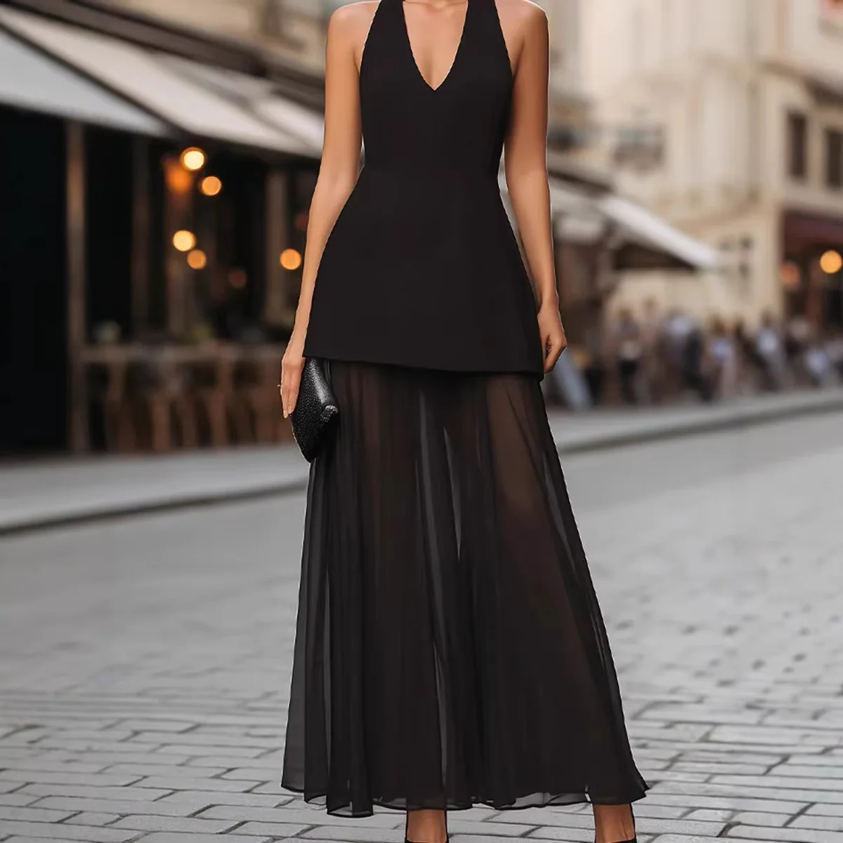 Damen Elegantes Maxikleid mit tiefem V-Ausschnitt und transparentem Überrock R&B - Image 2