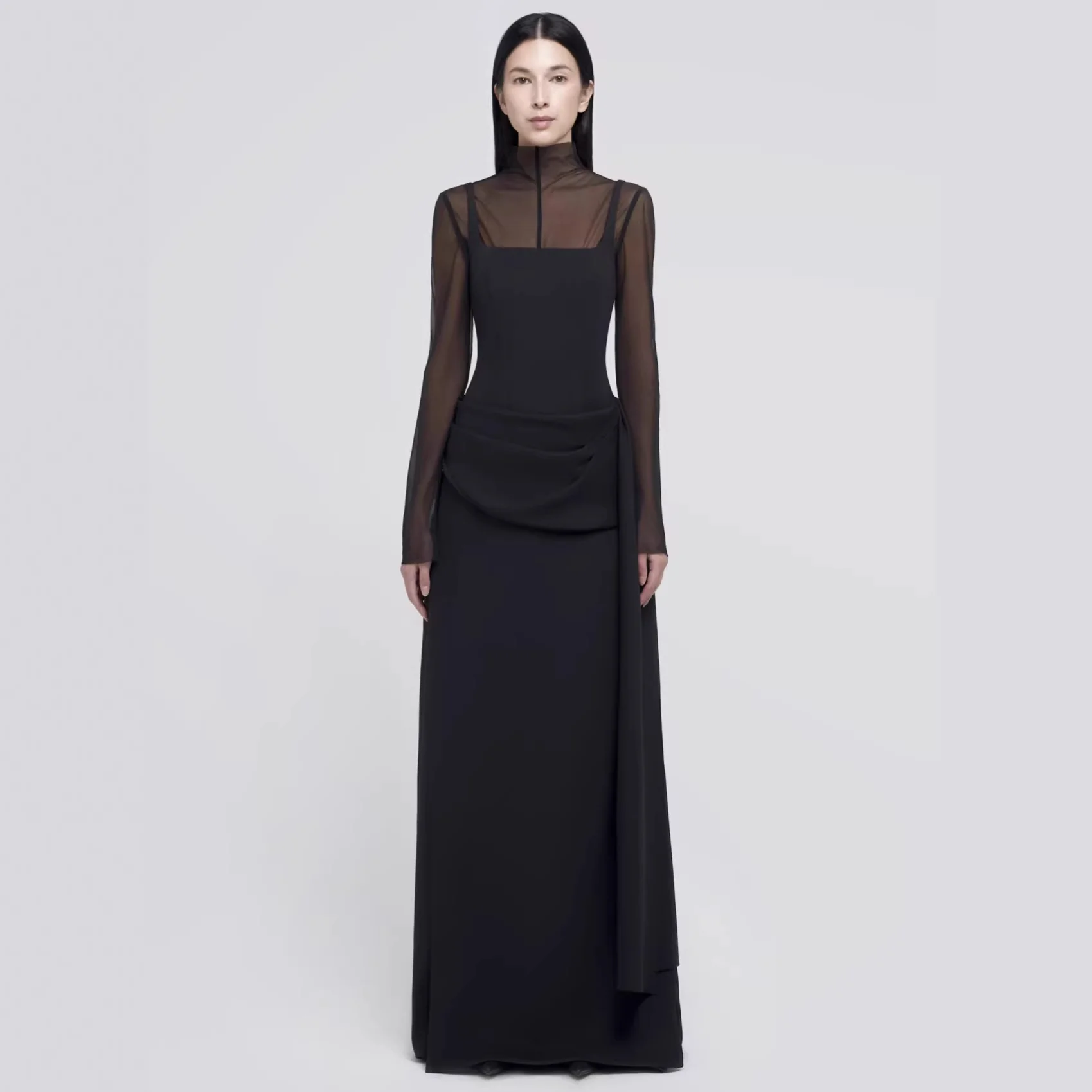 Damen Elegantes Maxikleid mit transparenten Ärmeln und drapiertem Rock Heidi-Mode - Image 3
