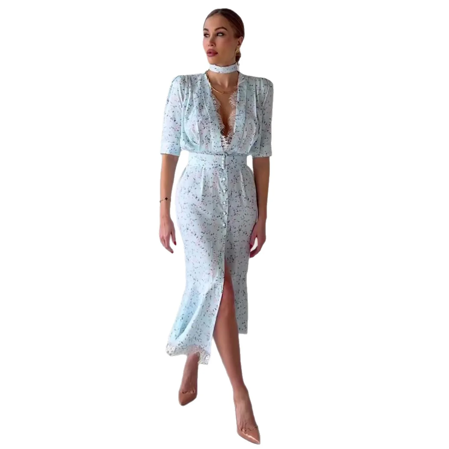 Damen Elegantes Midi-Kleid mit schimmerndem Chiffon und tiefem V-Ausschnitt R&B - Image 5