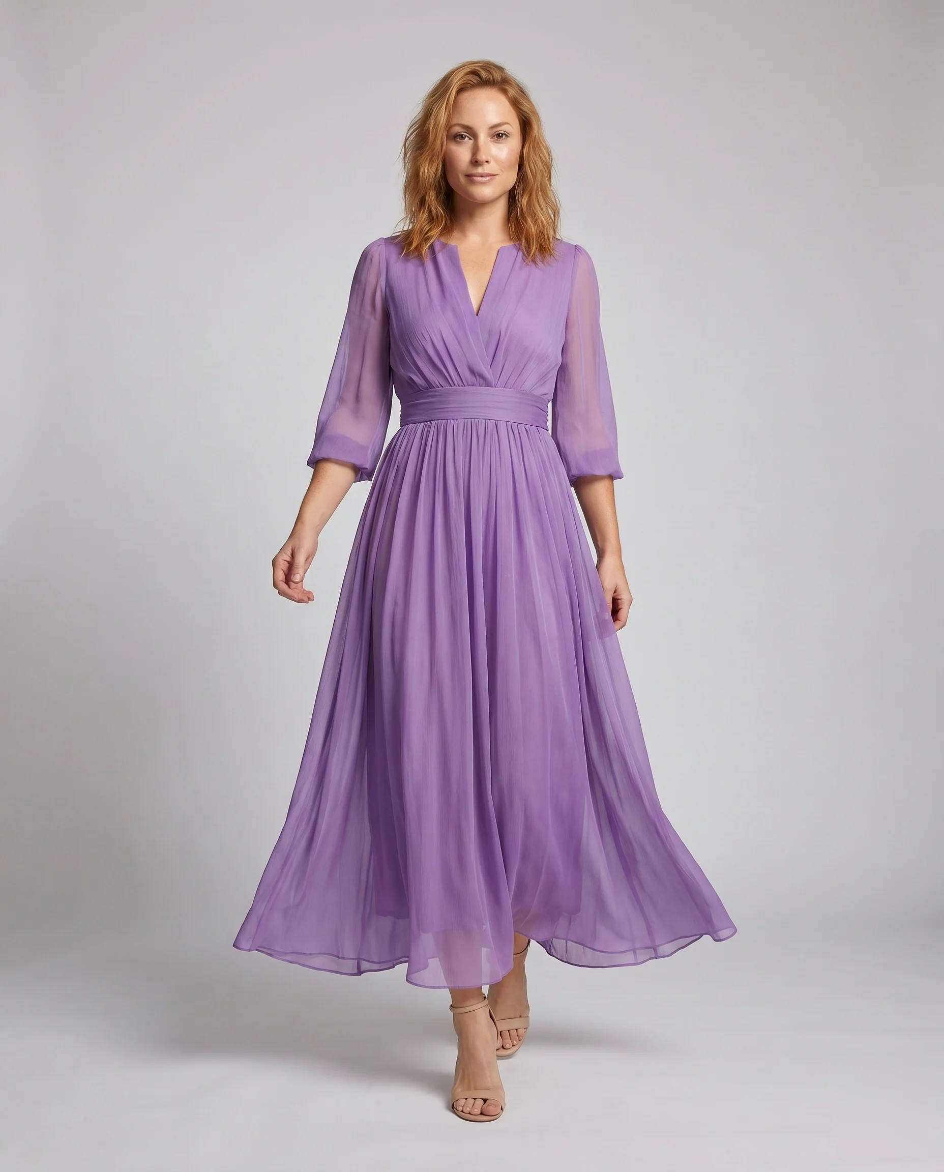 Damen Elegantes Midikleid aus fließendem Chiffon mit tailliertem Schnitt R&B