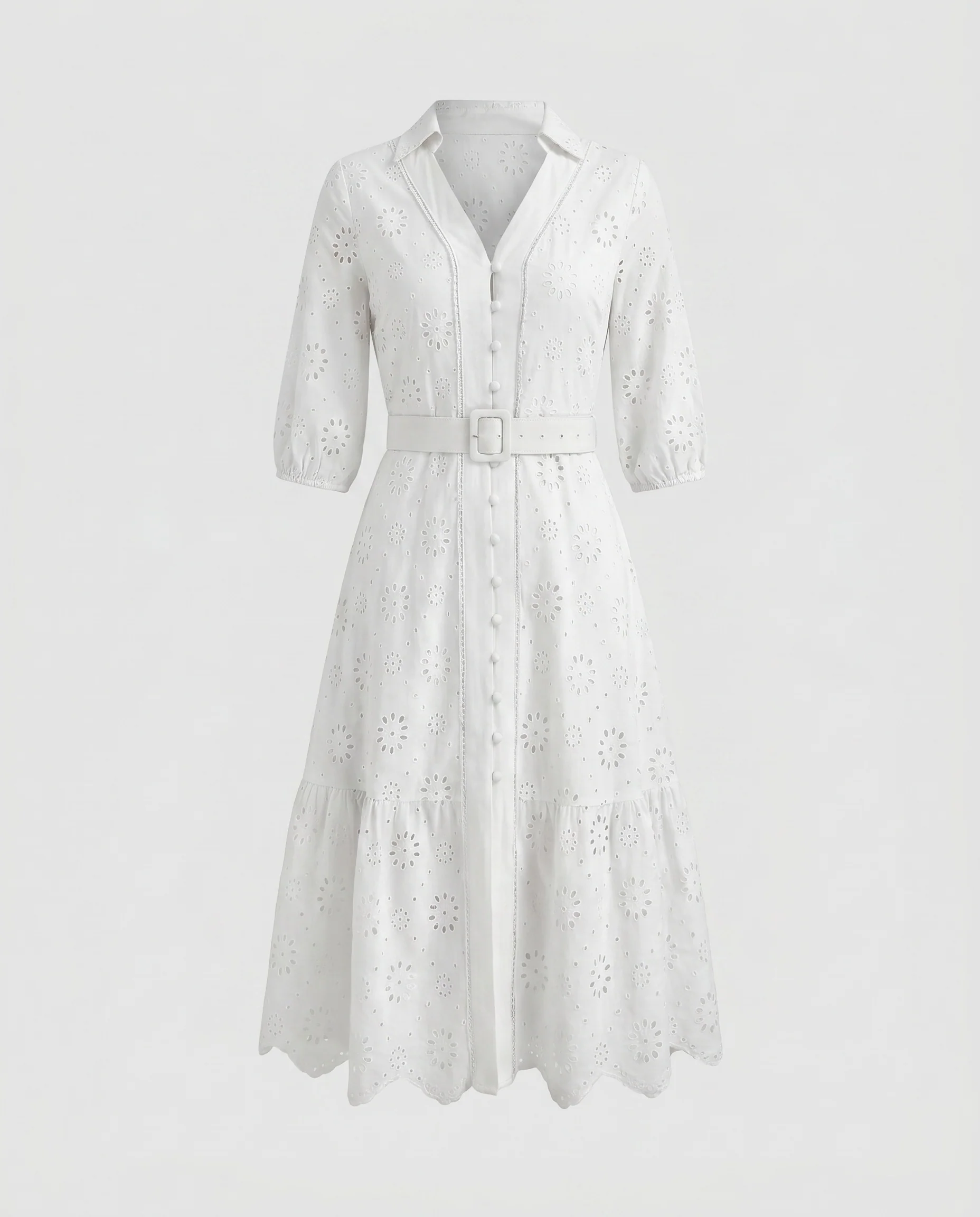 Damen Elegantes Midikleid mit floralem Lochmuster und Taillengürtel R&B - Image 5