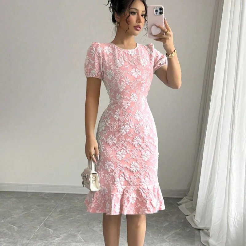 Damen elegantes Midikleid mit voluminösen Ballonärmeln und floralen Akzenten R&B - Image 4
