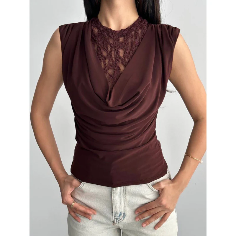 Damen Elegantes Oberteil mit Drapierung und Spitzeneinsatz R&B