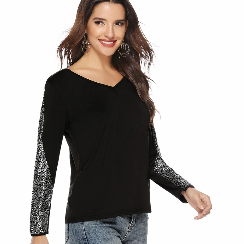 Damen elegantes Oberteil mit glitzernden Ärmeln und V-Ausschnitt R&B - Image 5