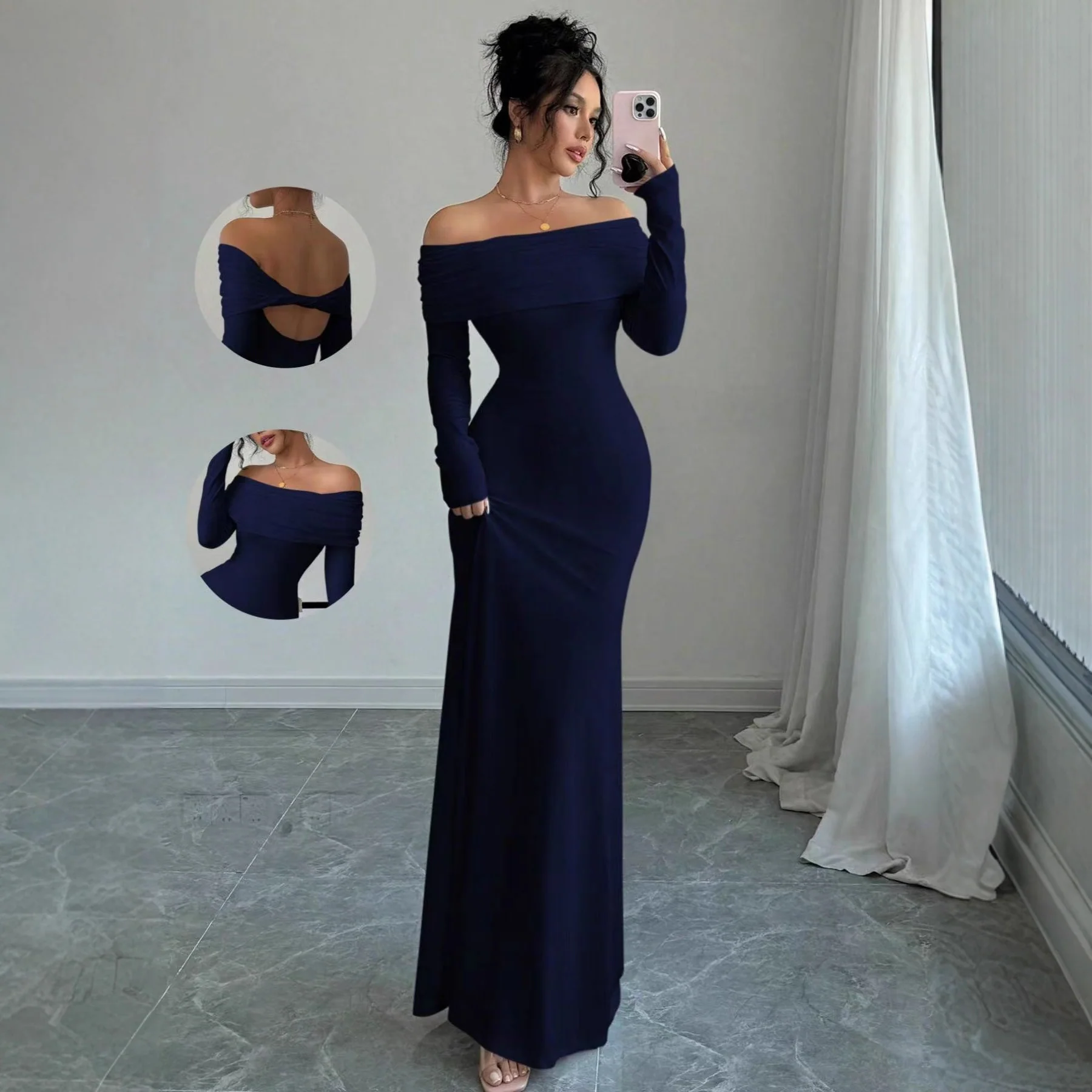 Damen Elegantes Off-Shoulder-Maxikleid mit figurbetontem Schnitt und langen Ärmeln R&B - Image 2