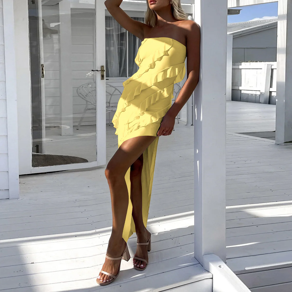 Damen Elegantes Rüschendes Wickelkleid mit seitlichem Schlitz R&B - Image 3