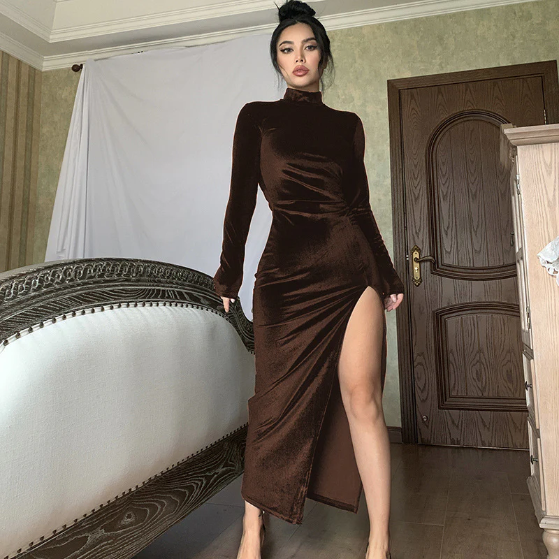 Damen Elegantes Samt-Maxi-Kleid mit hohem Schlitz und Stehkragen R&B - Image 10