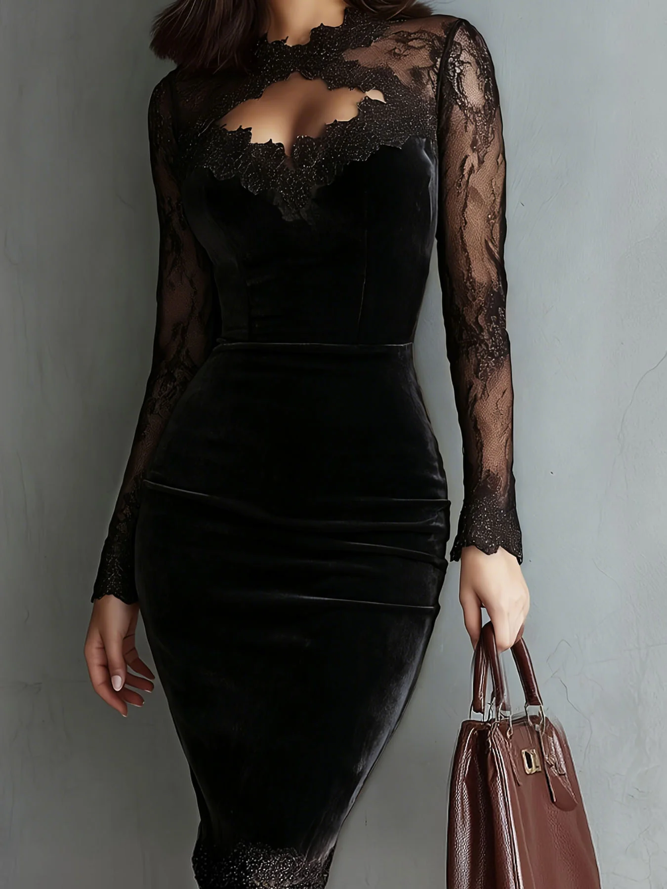 Damen Elegantes Samtkleid mit Spitzeneinsätzen und tailliertem Schnitt R&B - Image 7