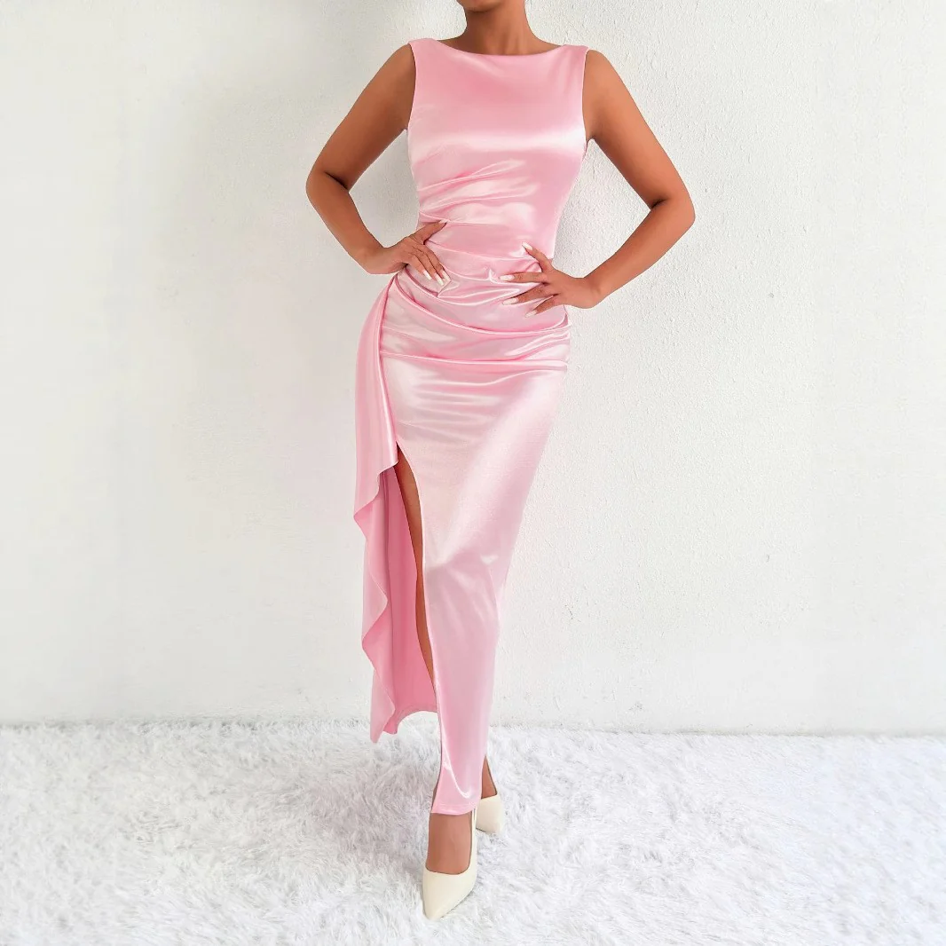 Damen Elegantes Satin Abendkleid mit asymmetrischem Saum und seitlichem Schlitz R&B - Image 6
