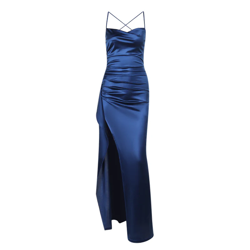 Damen elegantes Satin-Kleid mit tiefem Schlitz und verstellbaren Spaghetti-Trägern R&B - Image 5