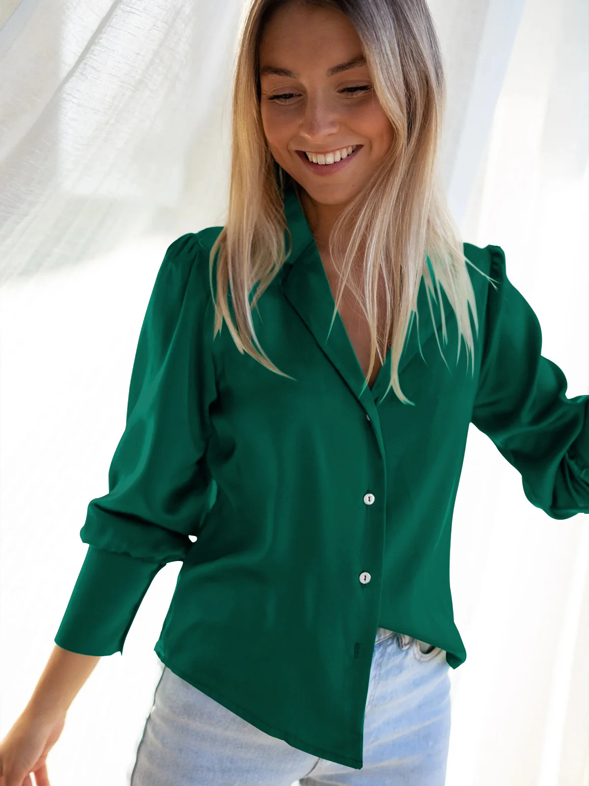 Damen Elegantes Satinhemd mit tiefem V-Ausschnitt und langen Ärmeln R&B - Image 8