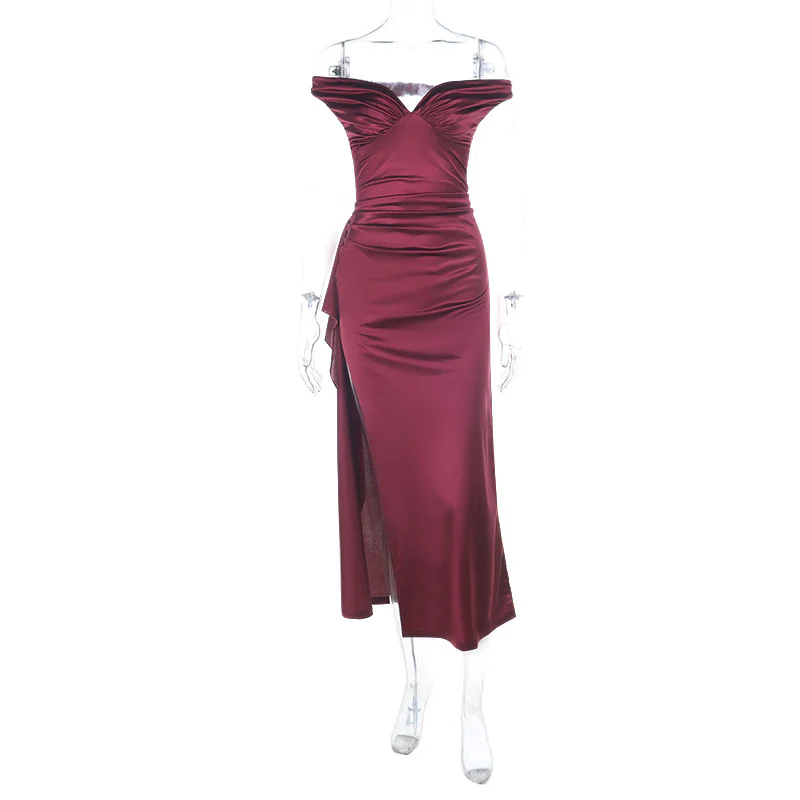 Damen elegantes schulterfreies Maxikleid mit fließendem Satin und verführerischem Schlitz R&B - Image 6