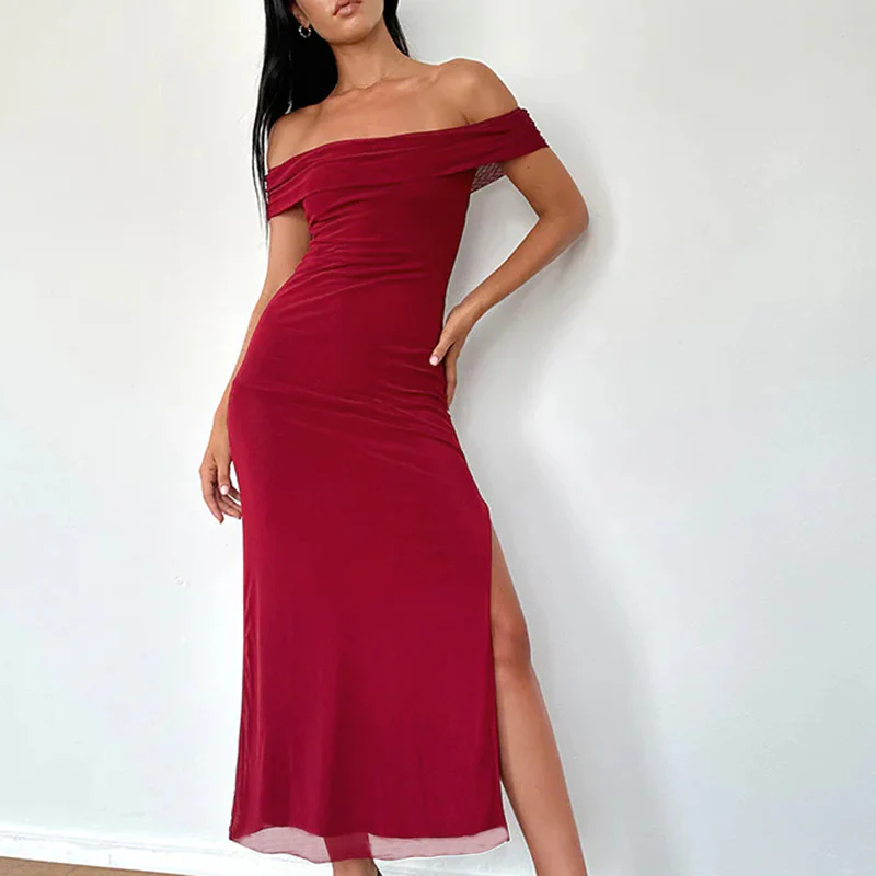 Damen elegantes schulterfreies Maxikleid mit fließendem Stoff und raffinierter Drapierung R&B - Image 2