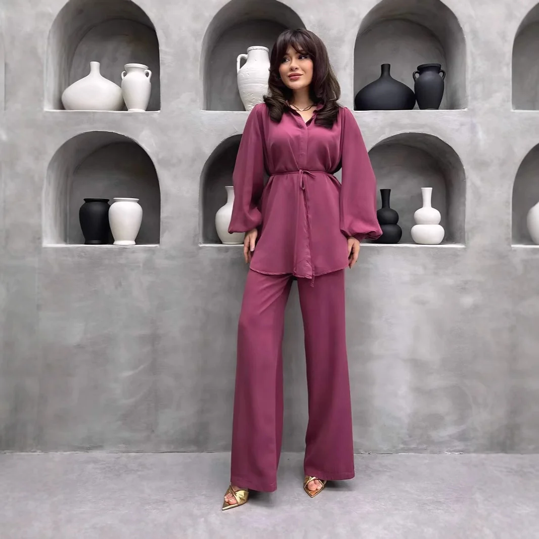 Damen elegantes Set mit langer Bluse und weitem Hosen R&B - Image 3