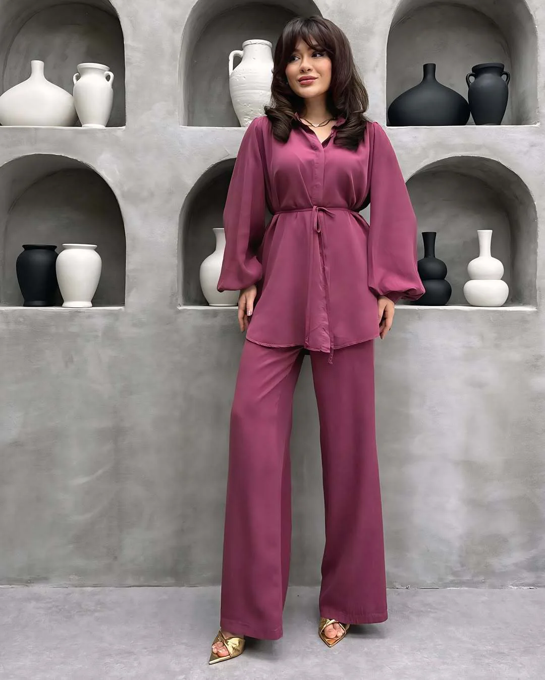Damen elegantes Set mit langer Bluse und weitem Hosen R&B - Image 6