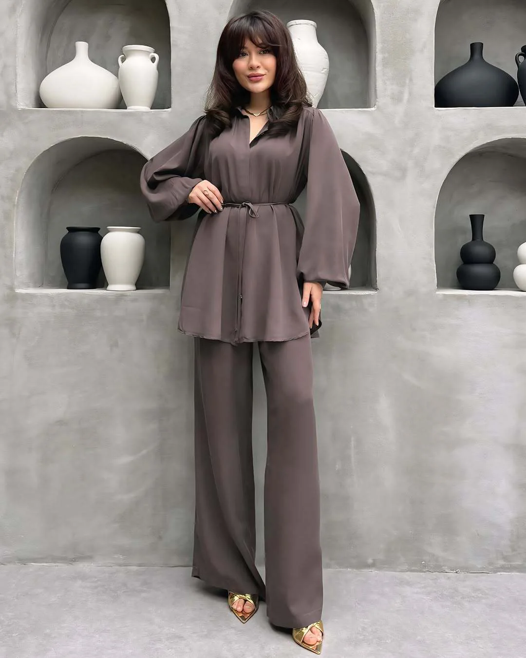 Damen elegantes Set mit langer Bluse und weitem Hosen R&B - Image 8