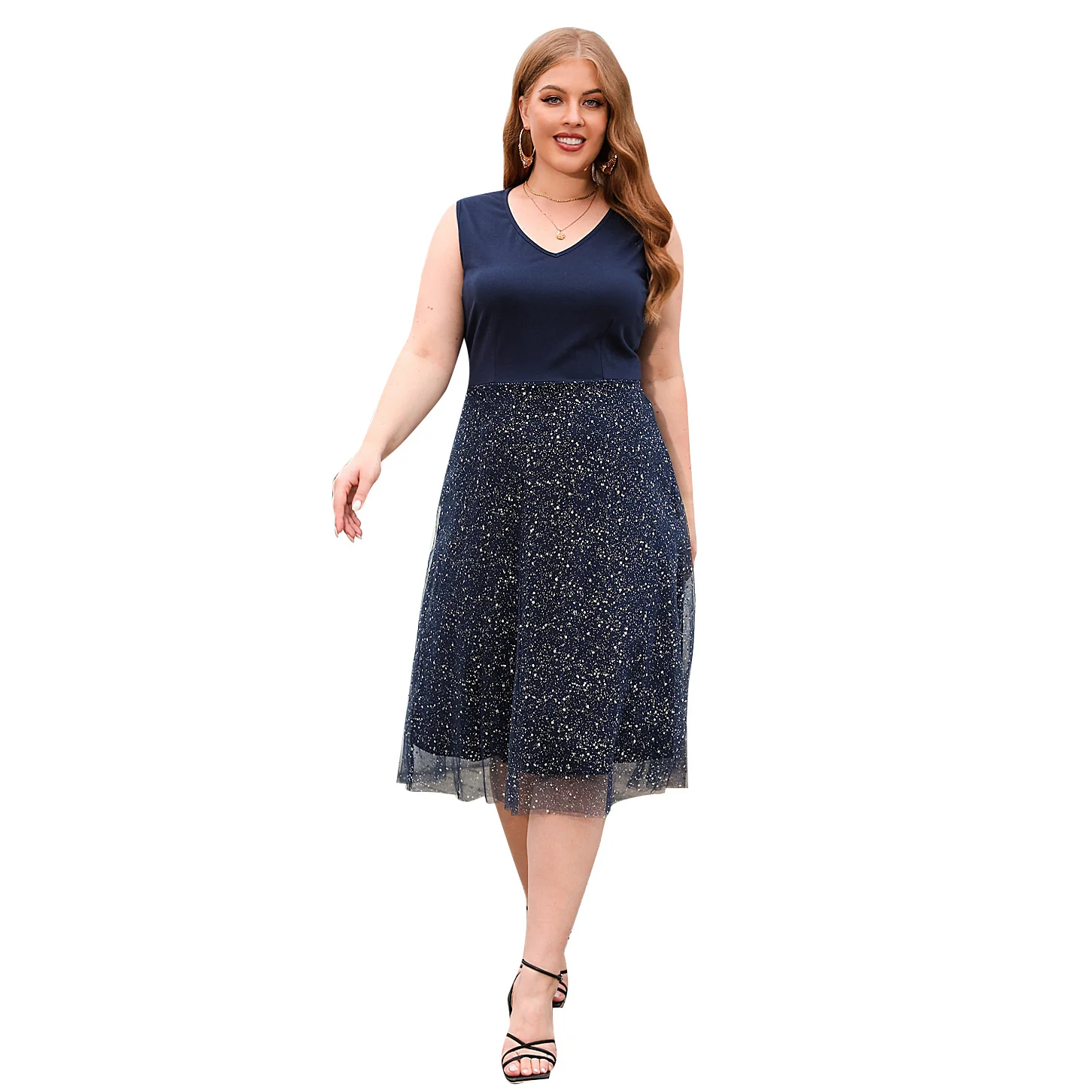 Damen Elegantes Skaterkleid mit modischem V-Ausschnitt und glitzerndem Tüll R&B - Image 5
